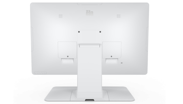 Rückansicht eines weißen All-in-One-Computer-Monitors mit Standfuß auf hellem Hintergrund.