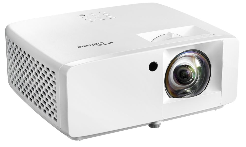 Un proiettore Optoma bianco con una grande lente su sfondo bianco.