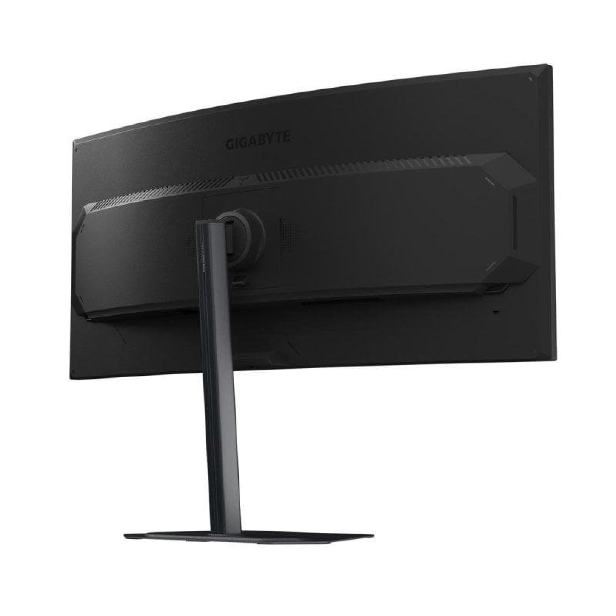Vue arrière d'un moniteur d'ordinateur incurvé Gigabyte noir sur pied, sur fond blanc.