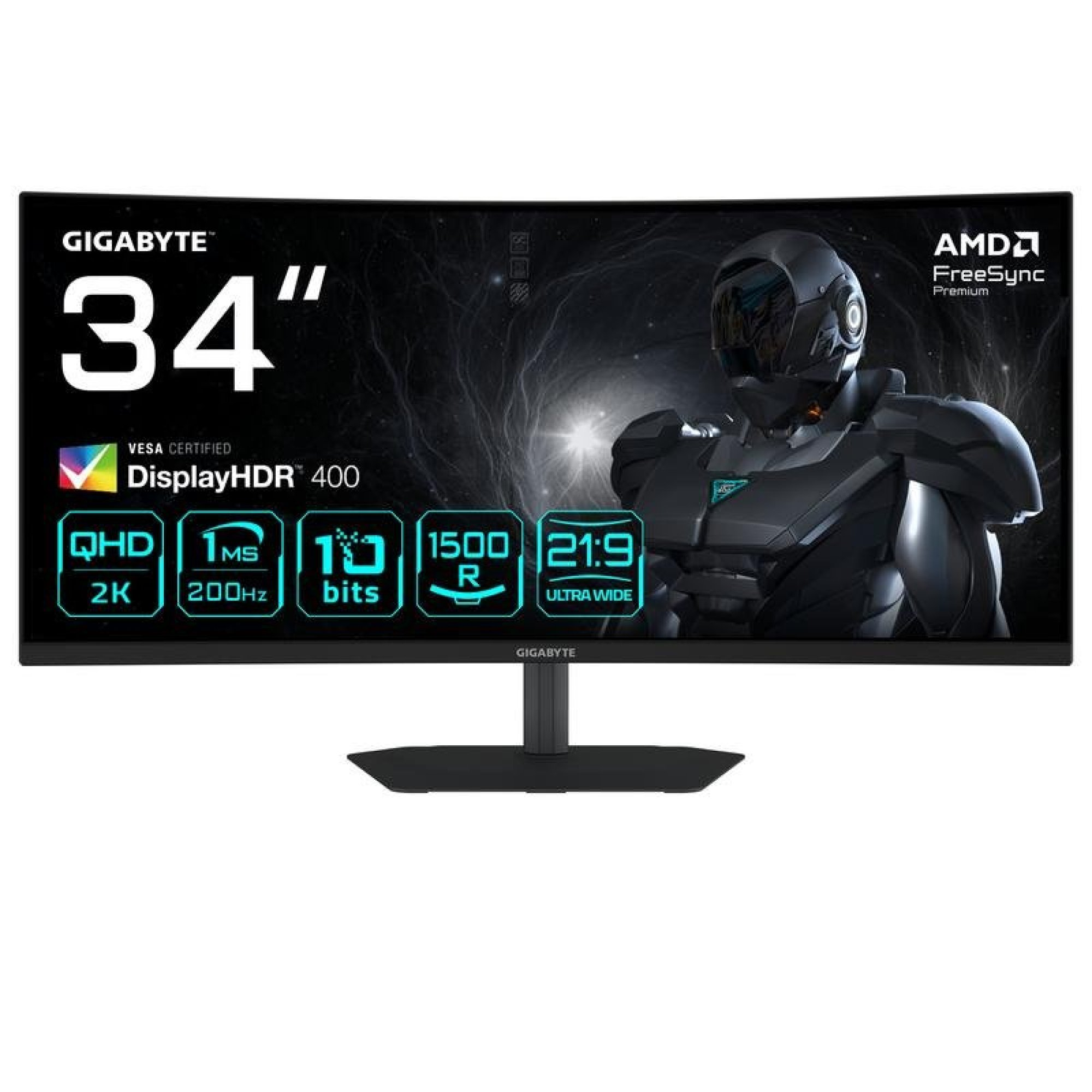 Un moniteur de jeu Gigabyte incurvé de 34 pouces avec des graphismes de science-fiction et des spécifications.