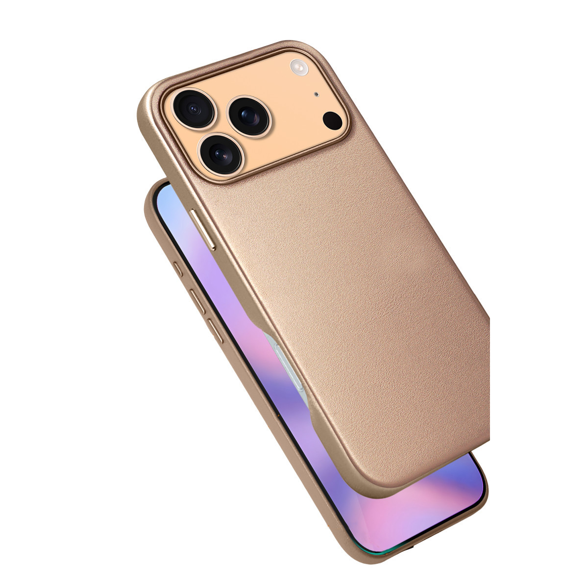 Arkada üç kamera ve renkli bir ekran bulunan altın rengi deri kılıflı bir akıllı telefon.