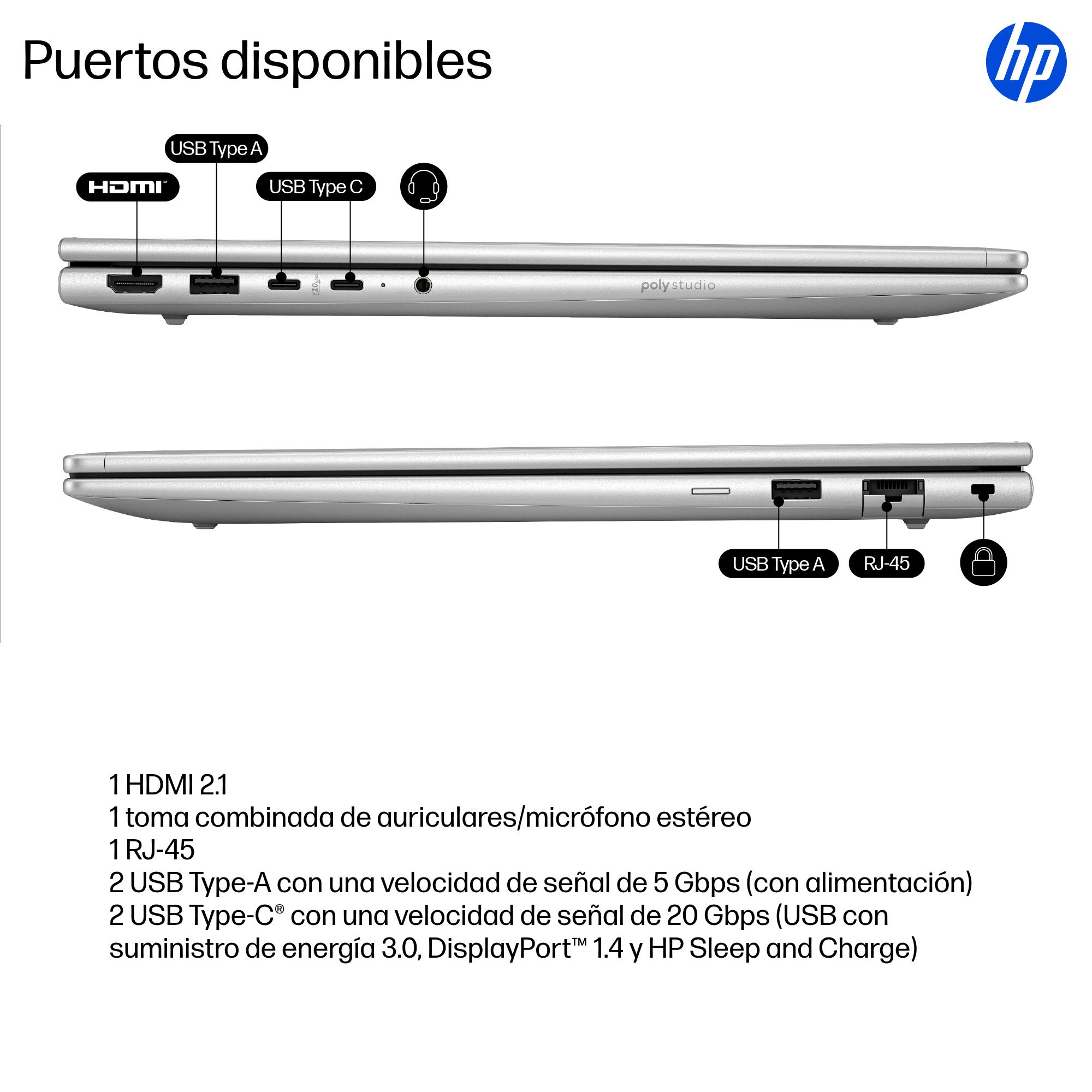 Vistas laterales de portátil HP que muestran varios puertos como HDMI, USB-A, USB-C y RJ-45.