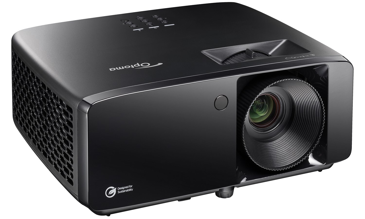 Ein schwarzer Optoma-Projektor mit großer Linse auf weißem Hintergrund.