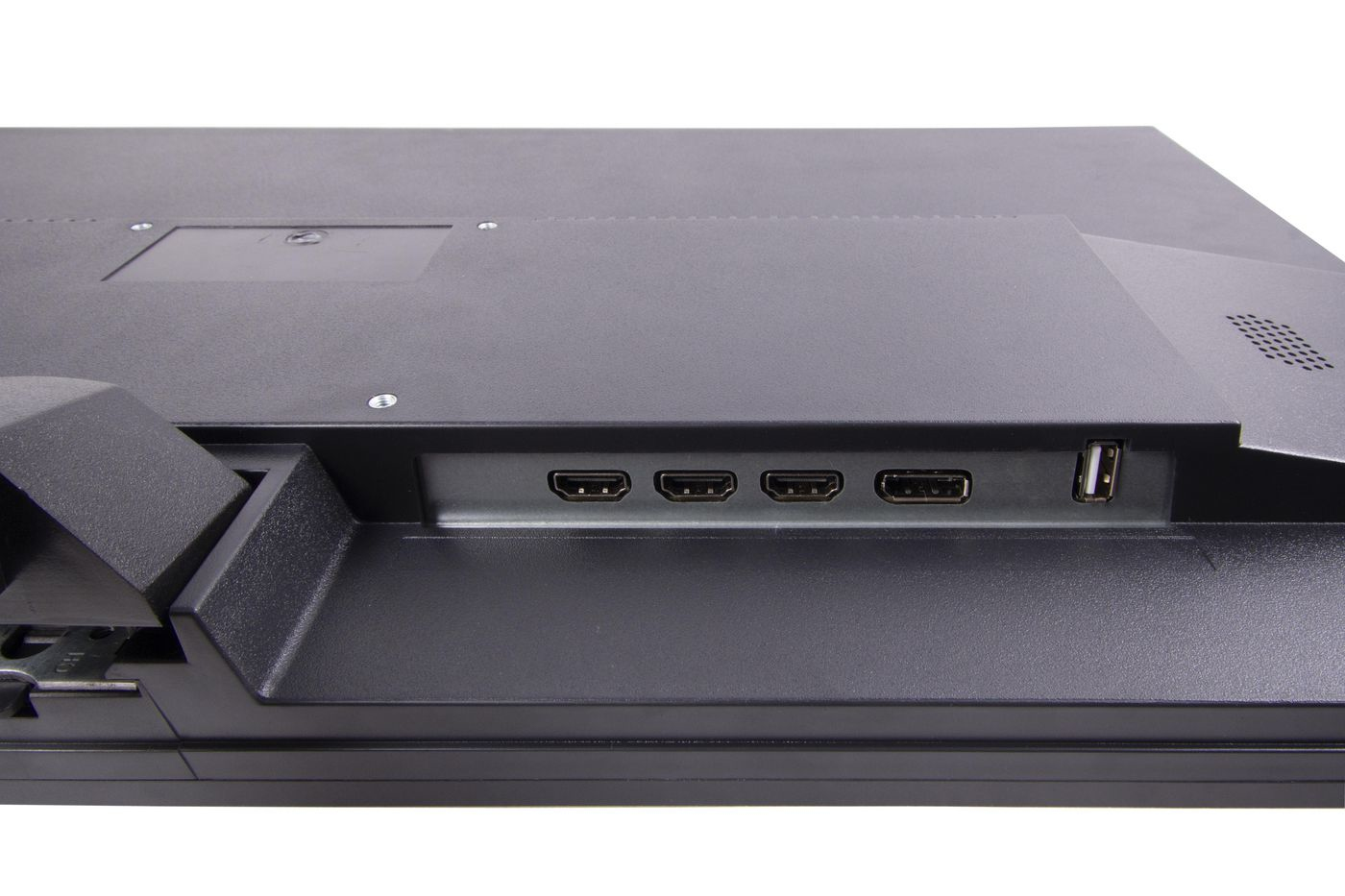 Back of a black monitor showing HDMI and USB ports.