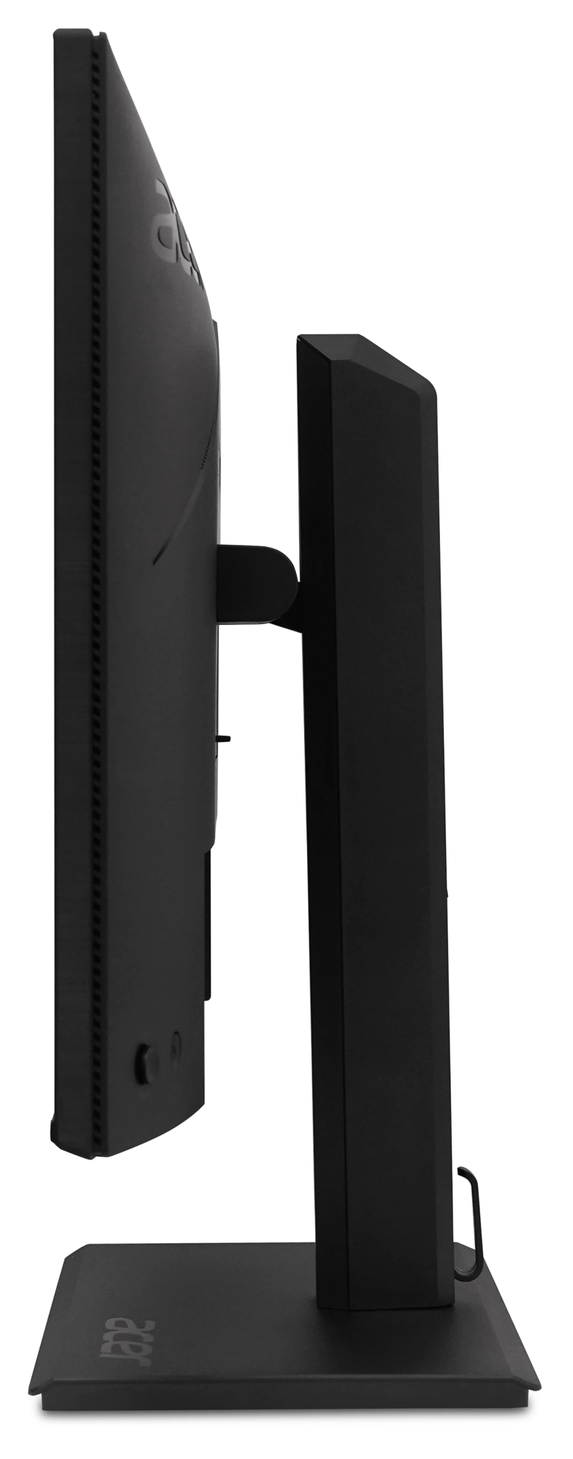 Vista laterale di un monitor Acer nero con supporto su sfondo bianco.