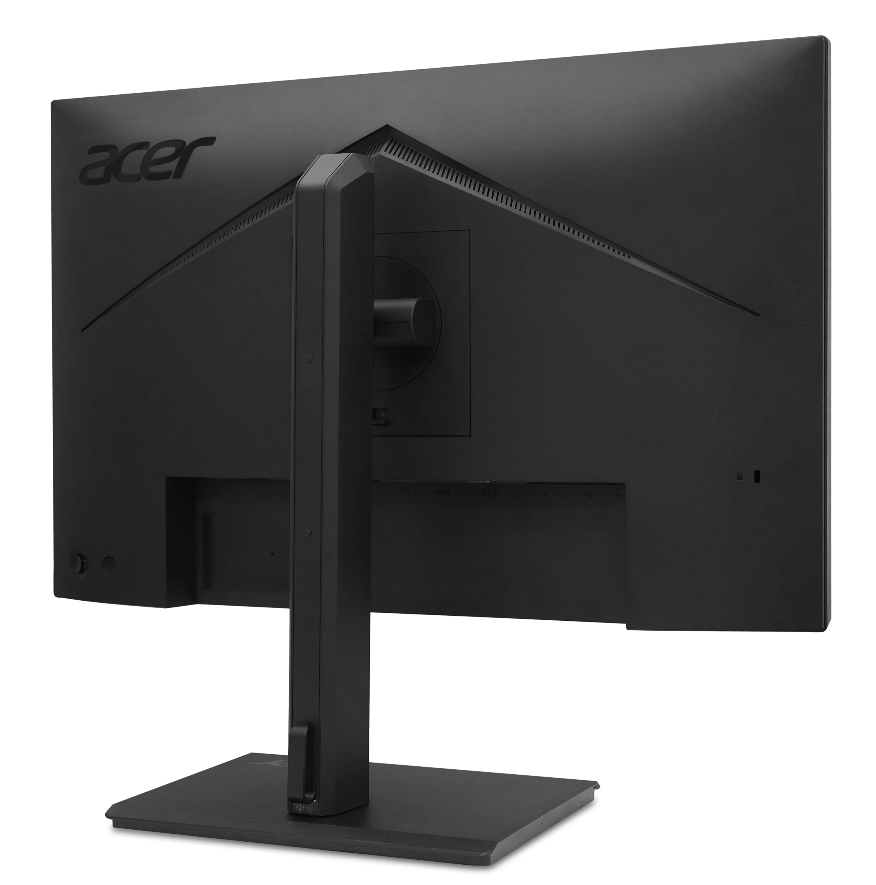 Il retro di un monitor nero Acer con supporto su sfondo bianco.