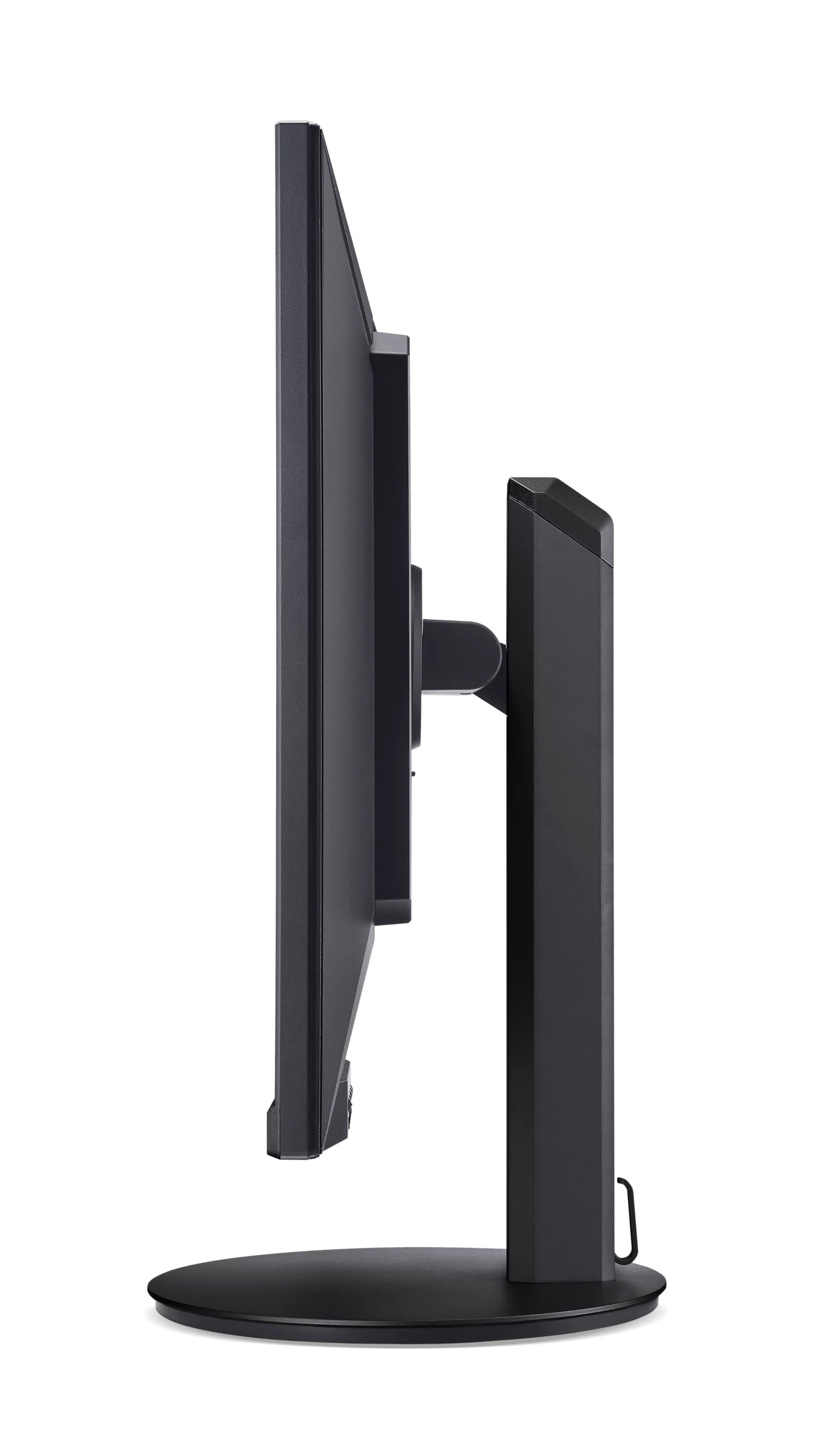 Profilo laterale di un monitor per computer nero su base rotonda con sfondo bianco.
