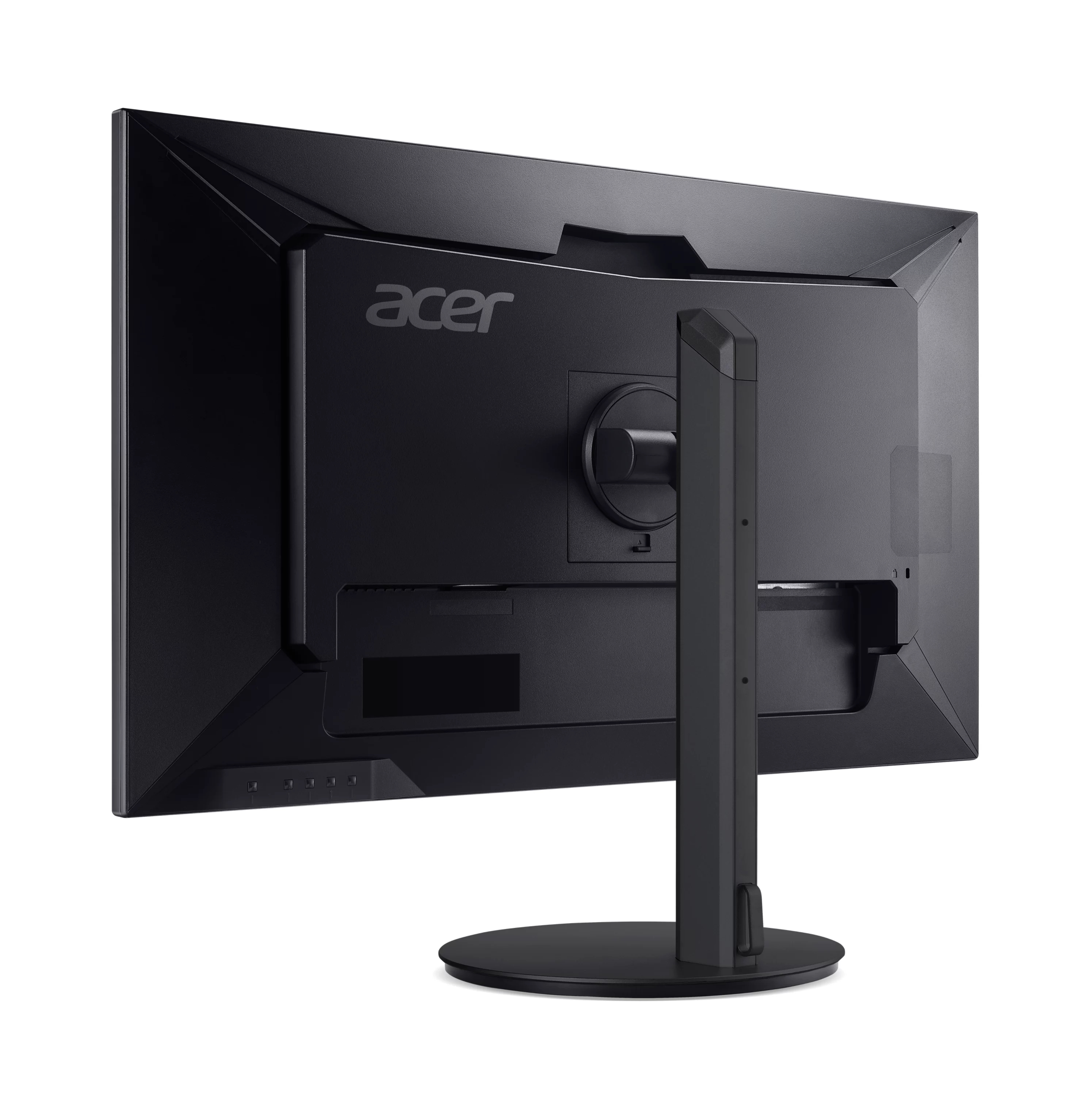 Vista posteriore di un monitor per computer Acer nero con supporto regolabile e base rotonda su sfondo bianco.