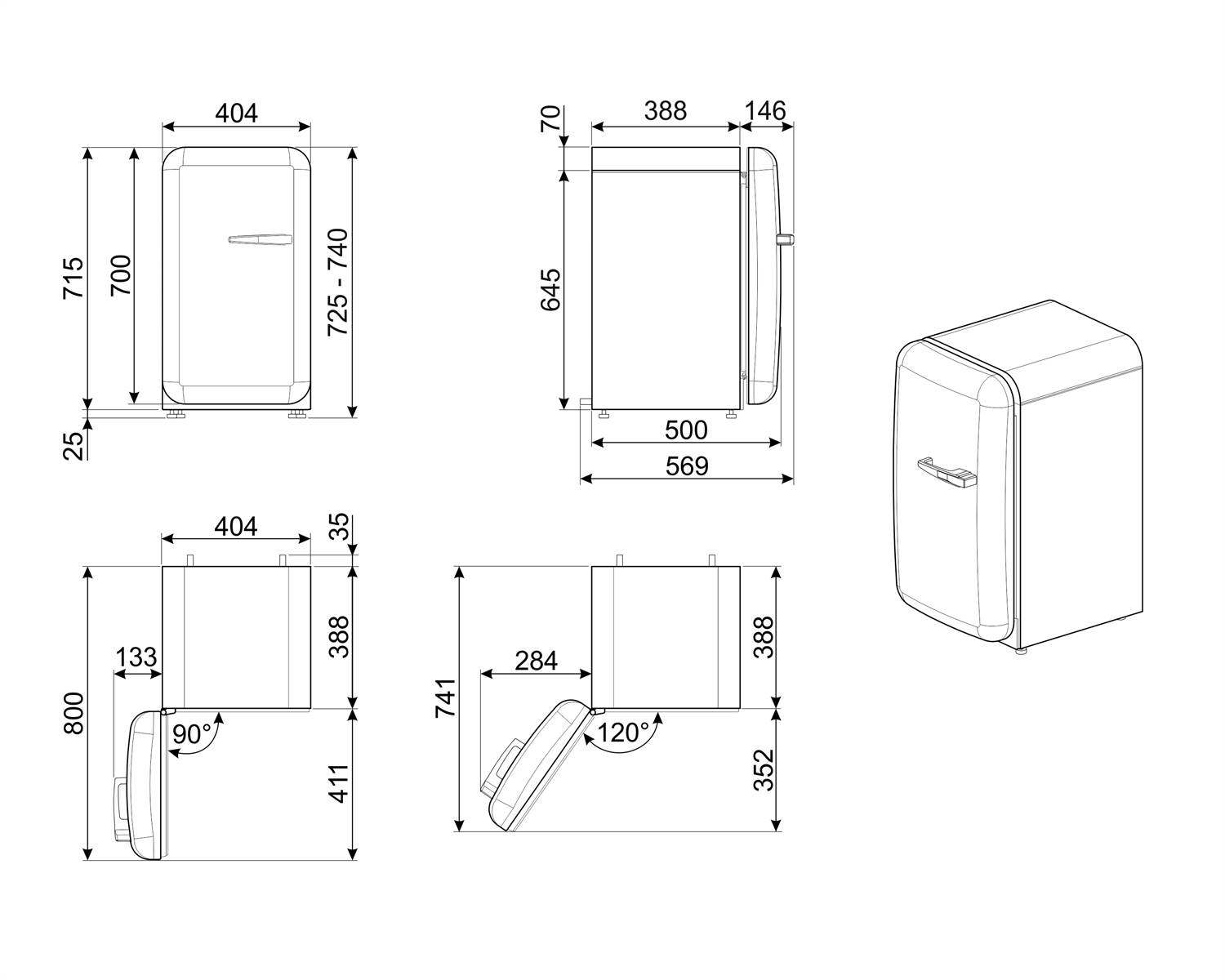 Dibujo técnico con dimensiones y vistas de un pequeño refrigerador retro.