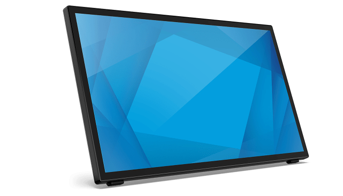 Un monitor a schermo piatto nero con uno sfondo geometrico blu sullo schermo.