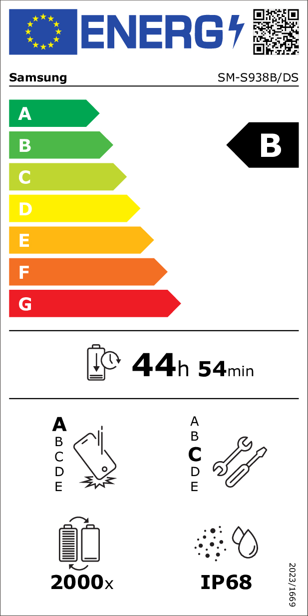 Etichetta energetica Samsung classe B, 44h 54min di batteria, durata e IP68.