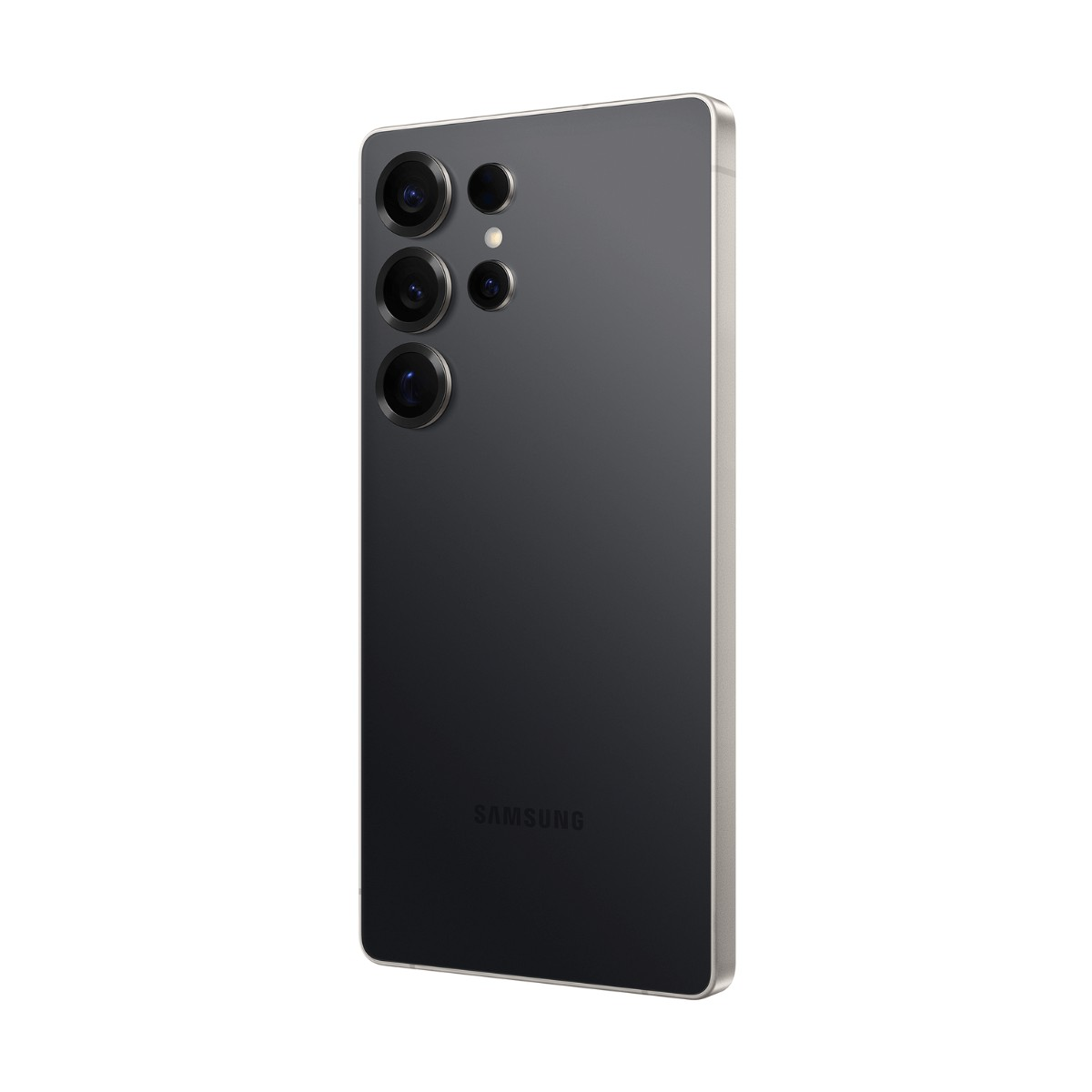 Smartphone Samsung grigio scuro con più fotocamere posteriori e cornice argentata su sfondo bianco.