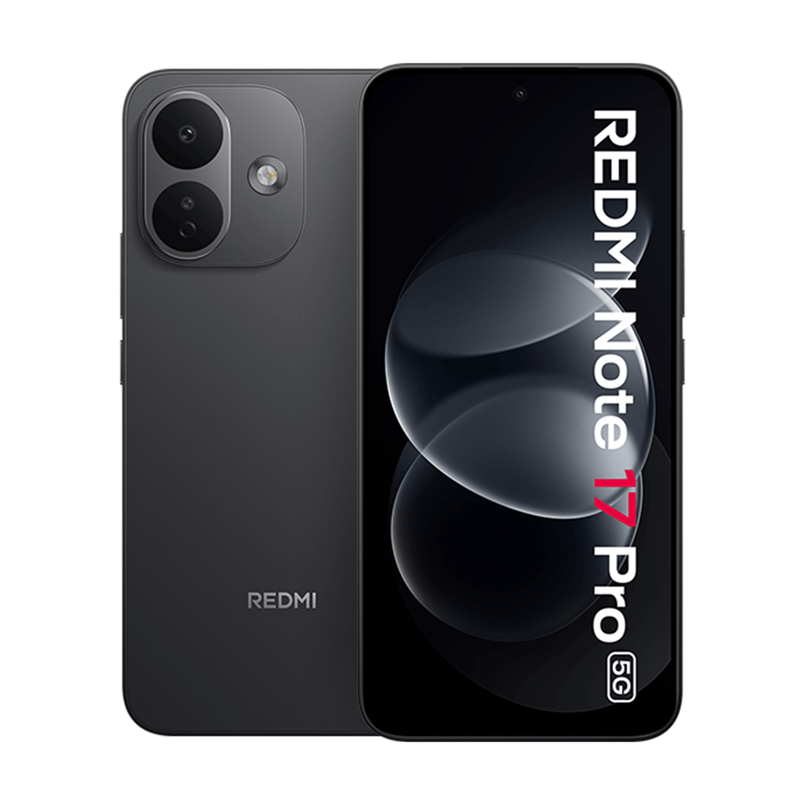 Graues Redmi Note 17 Pro 5G Smartphone mit Dual-Kamera und Display-Schriftzug auf schwarzem Hintergrund.