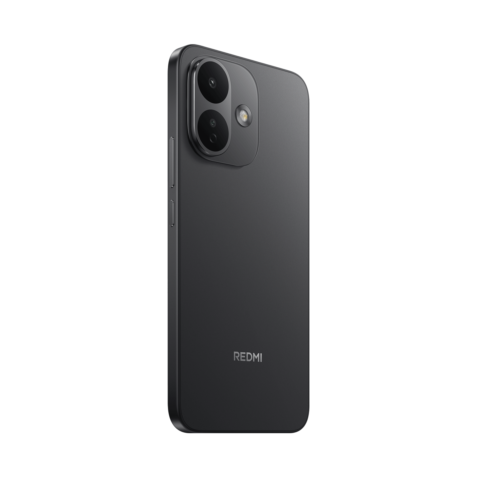 Ein dunkelgraues Redmi-Smartphone steht vertikal vor schwarzem Hintergrund und zeigt die Dual-Kamera und das Logo.