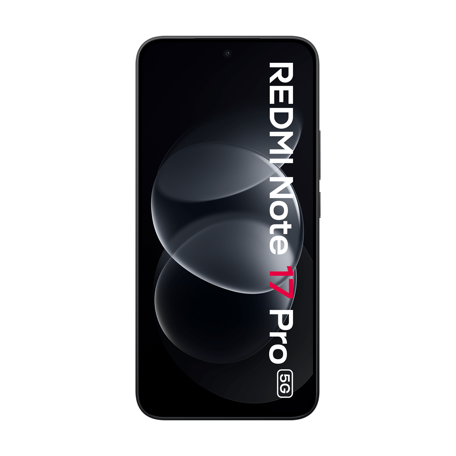 Frontansicht des schwarzen Redmi Note 17 Pro 5G Smartphones mit dunklem Hintergrund und weißer Aufschrift auf dem Bildschirm.