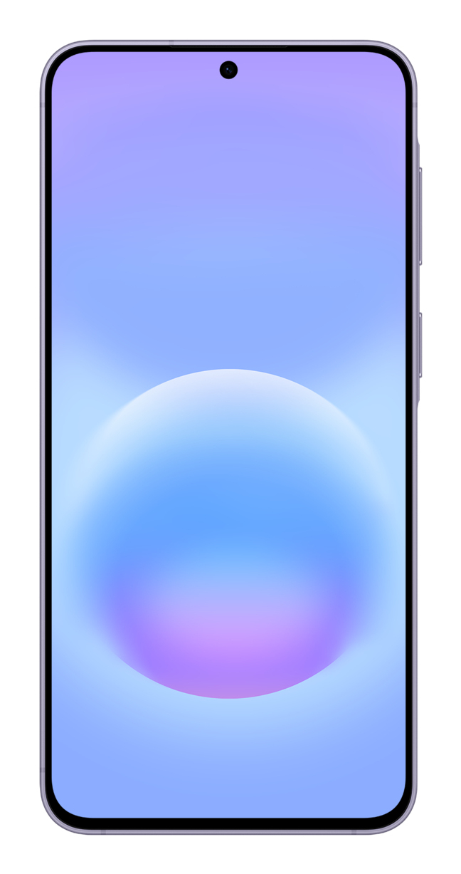 Uno smartphone elegante con cornice viola e uno sfondo astratto con sfumatura blu e viola.