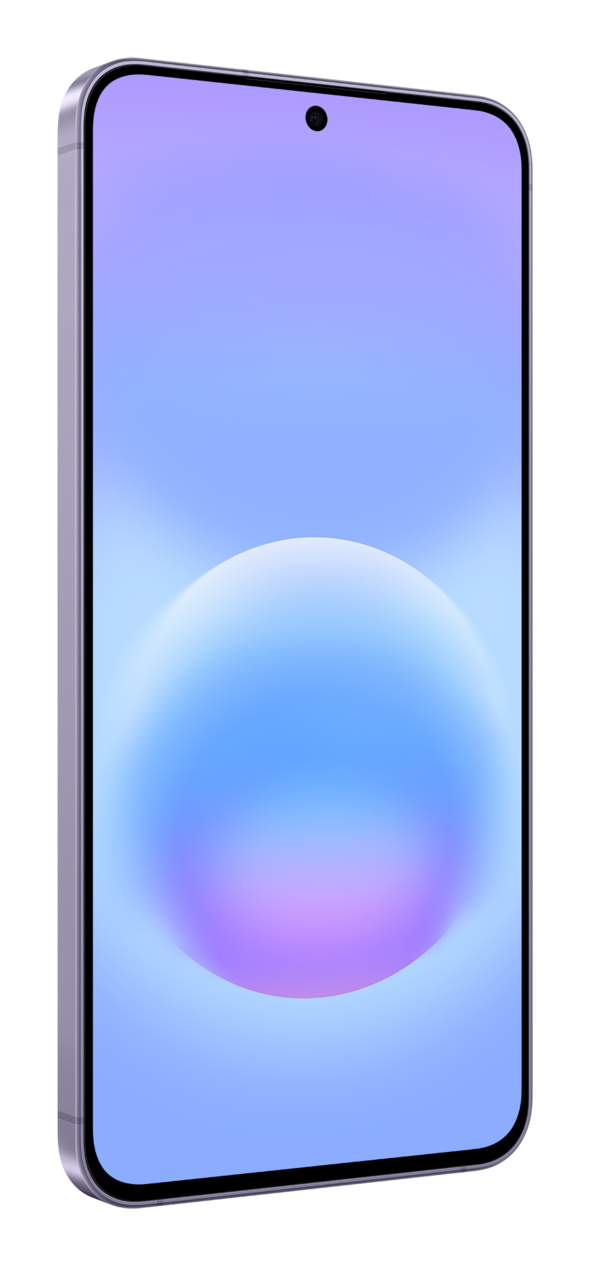 Uno smartphone con angoli arrotondati e scocca viola mostra uno sfondo blu e viola.