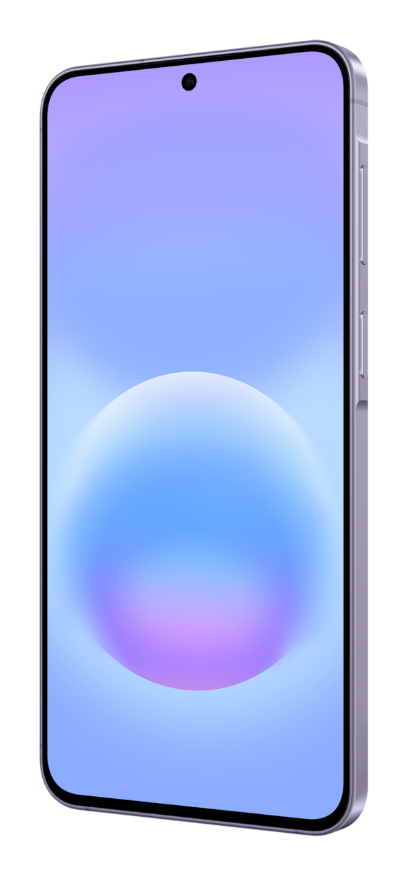 Uno smartphone viola elegante con sfondo astratto blu e viola, tasti laterali e fotocamera frontale.