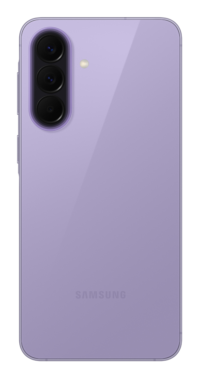 Retro di uno smartphone viola chiaro con tripla fotocamera verticale e logo Samsung.