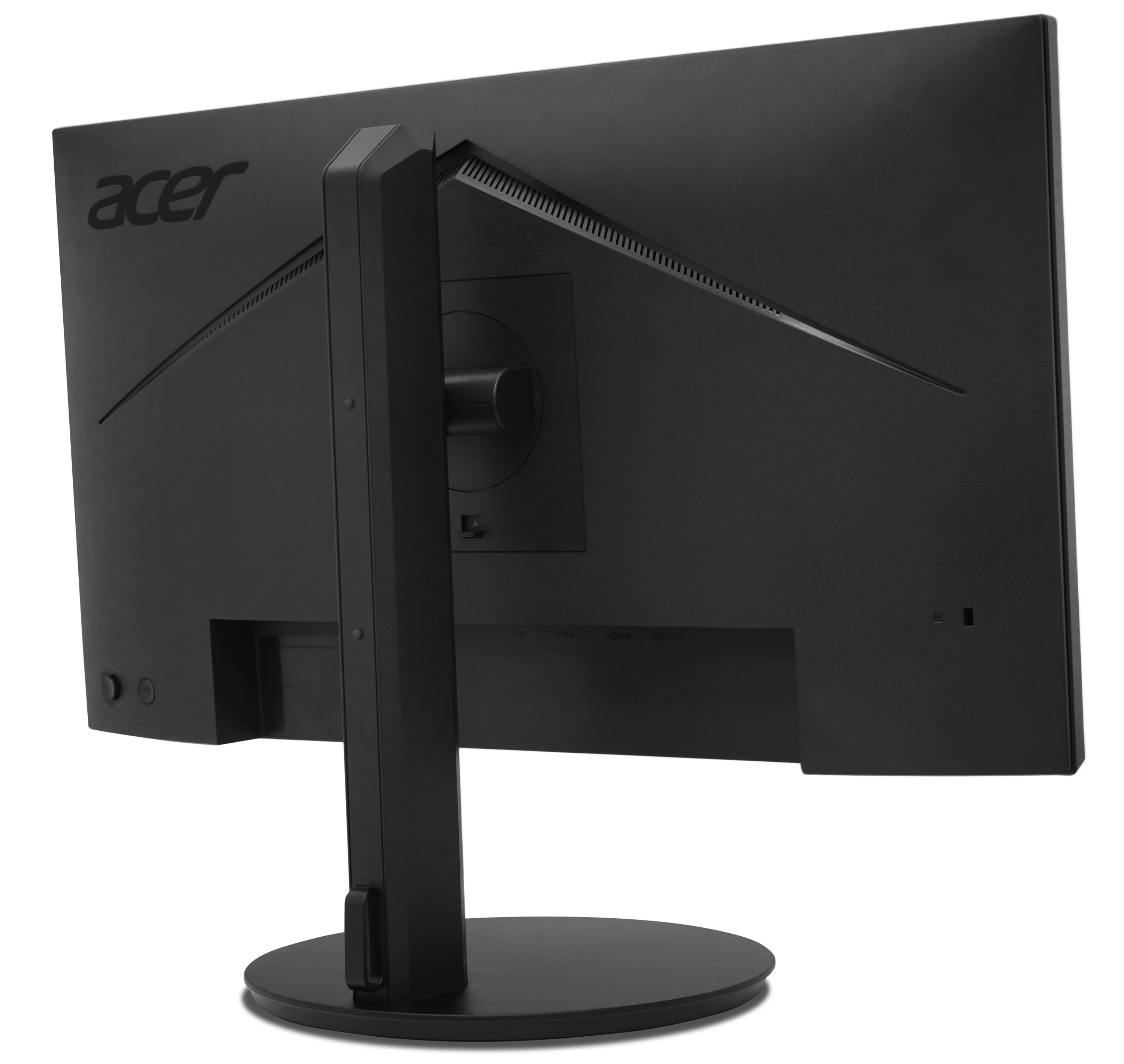 Vista trasera de un monitor de ordenador Acer negro con soporte sobre fondo blanco.