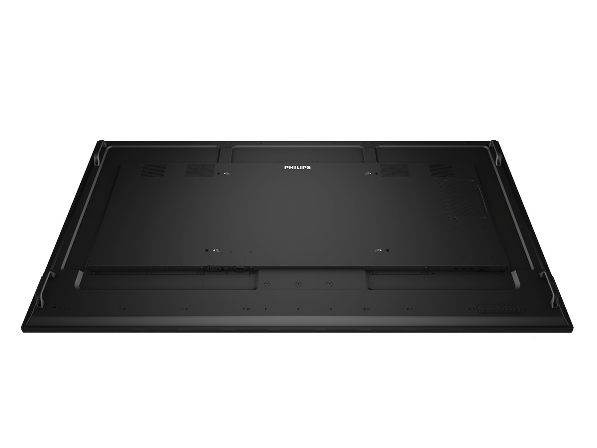 Vista posteriore di un monitor Philips nero, con porte, fori VESA e altoparlanti su sfondo bianco.