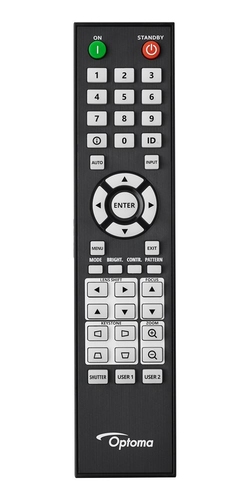 Un telecomando nero per proiettore Optoma con tasti bianchi, un pad di navigazione centrale e tasti numerici su sfondo neutro.
