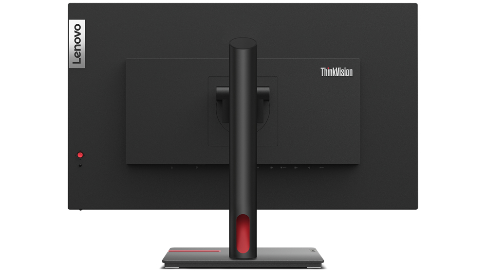 Vista posteriore di un monitor nero Lenovo ThinkVision su supporto con dettagli rossi.