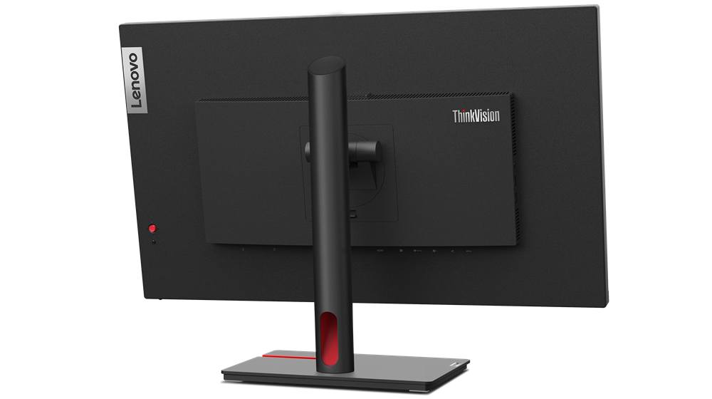 Vista posteriore di un monitor nero Lenovo ThinkVision con supporto e dettaglio rosso.