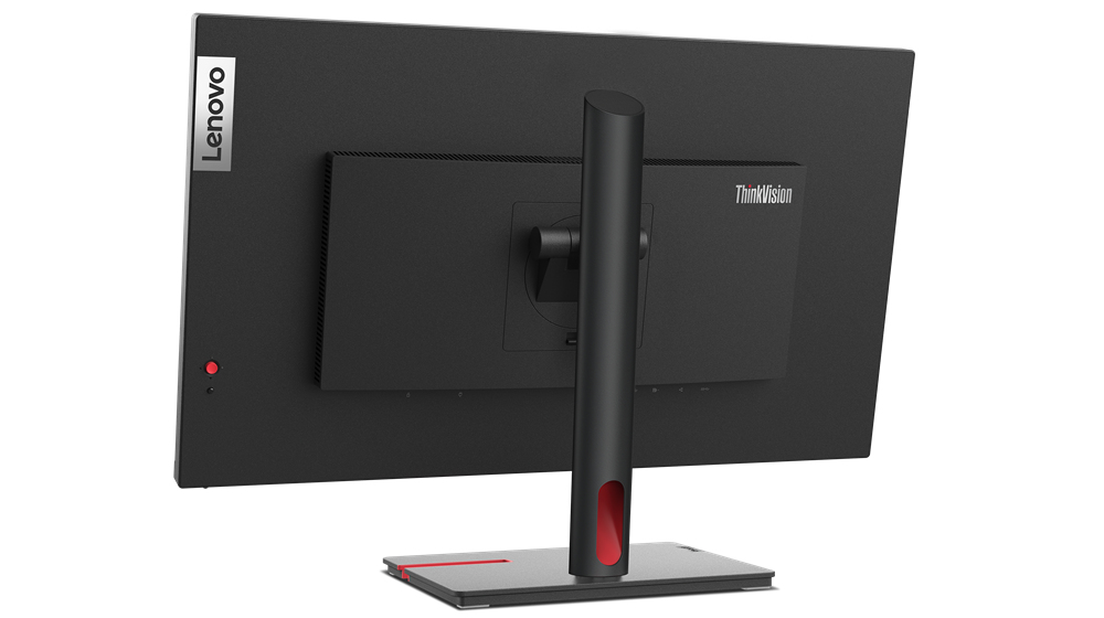 Vista posteriore di un monitor Lenovo ThinkVision nero con supporto grigio su sfondo bianco.