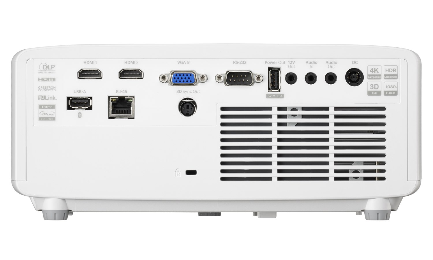 Vista posteriore di un proiettore bianco con varie porte come HDMI, VGA, USB, audio e rete.