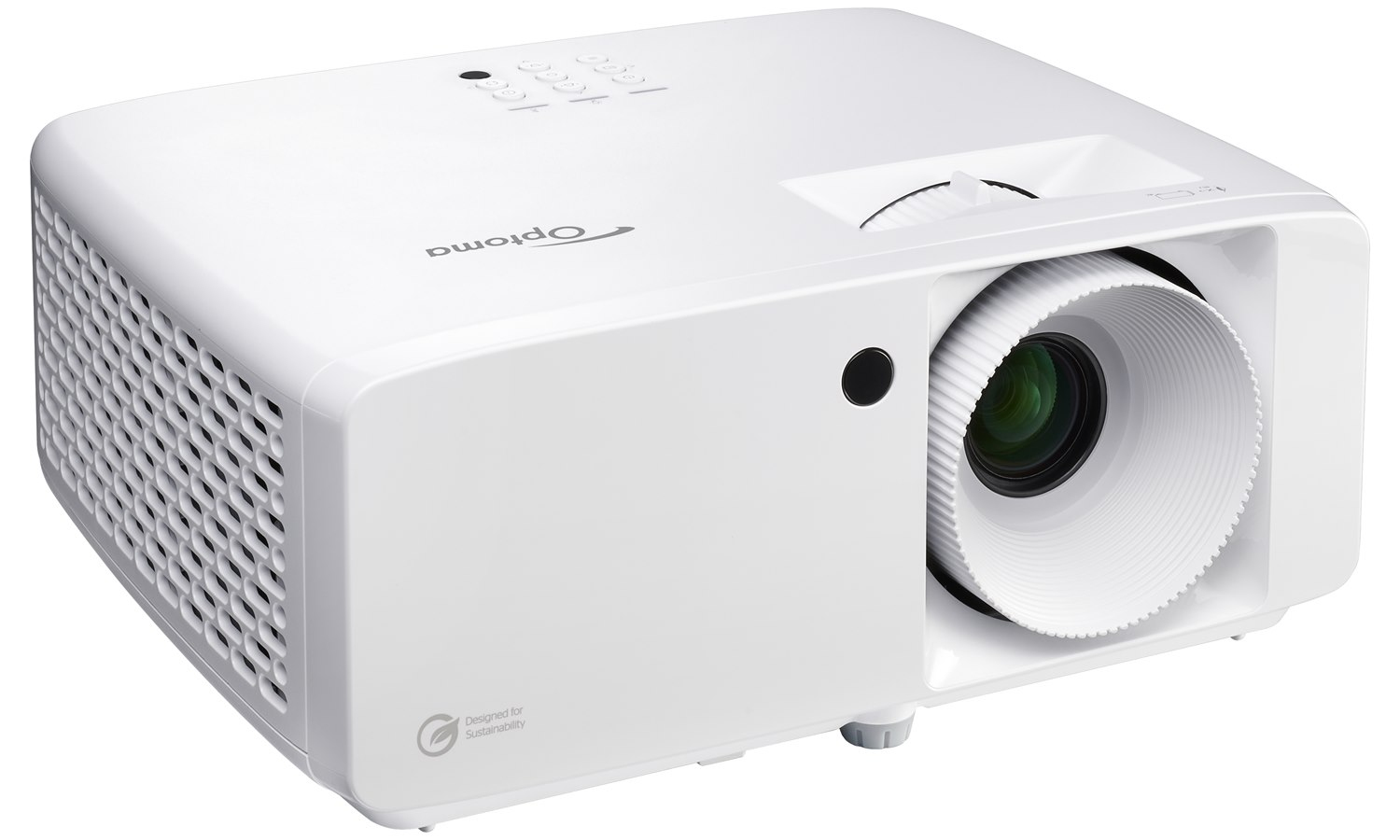 Un proiettore Optoma bianco con anello di messa a fuoco e aperture di ventilazione.
