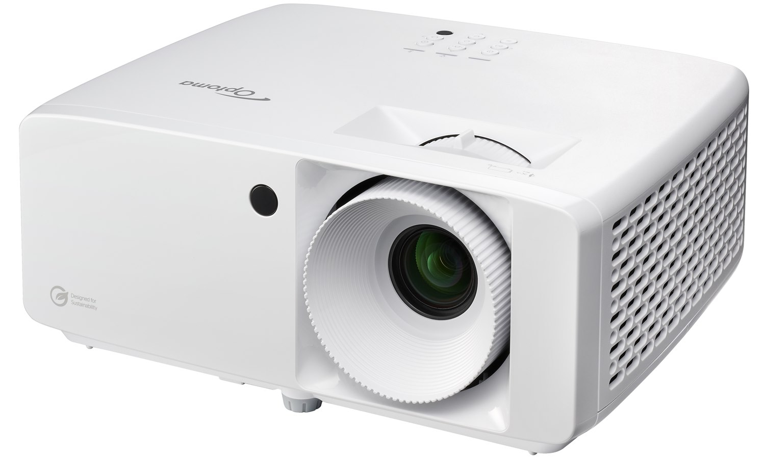Un proiettore Optoma bianco con lente grande su sfondo bianco.