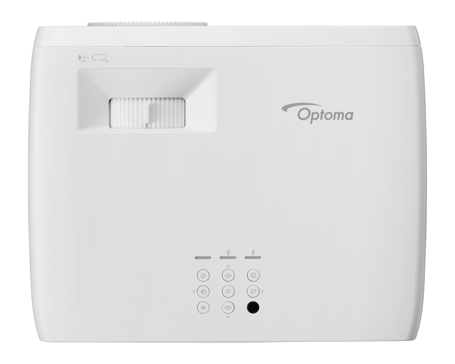 Vista dall'alto di un proiettore Optoma bianco con obiettivo, logo e pannello di controllo su sfondo bianco.