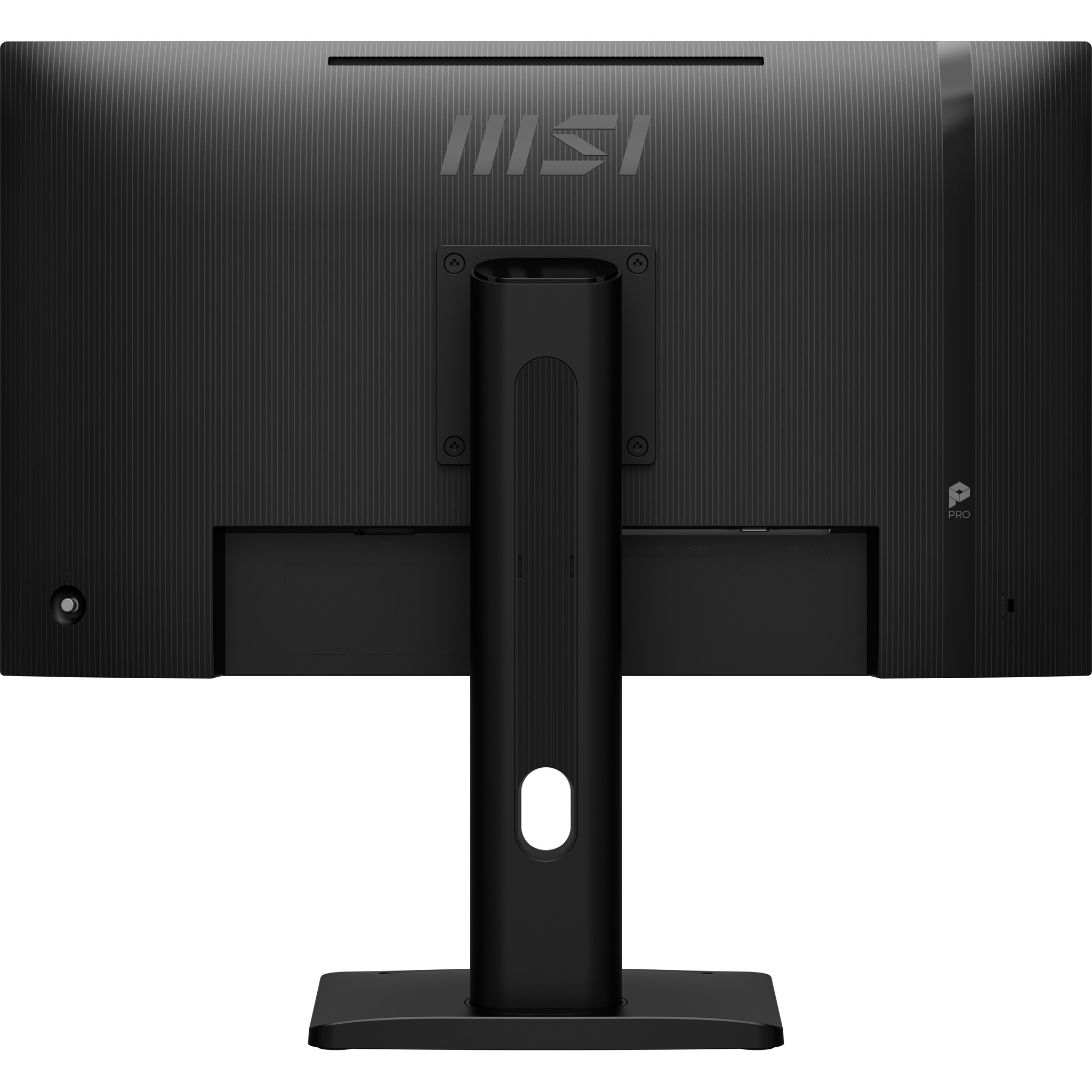 Vista posteriore di un monitor MSI Pro nero con supporto e logo MSI.
