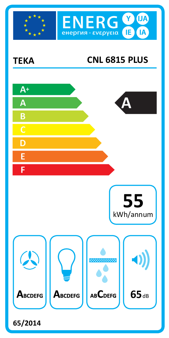 Etiqueta energética de la UE para Teka CNL 6815 Plus con clase A, 55 kWh/año y 65 dB.