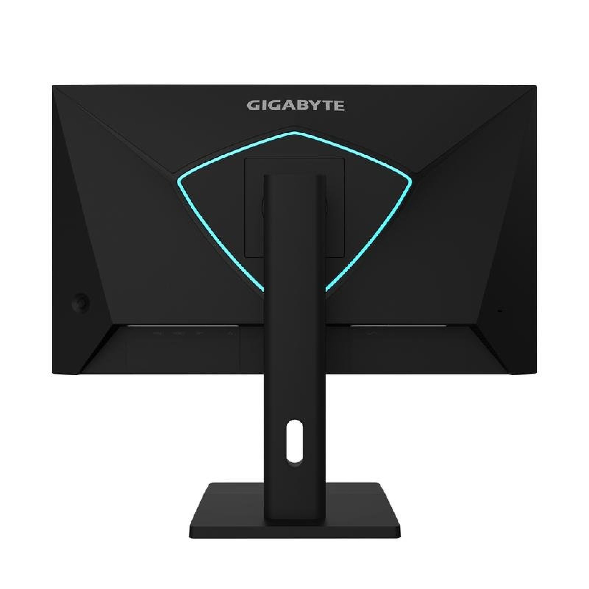 Işıklı mavi detaylı siyah Gigabyte monitörün arka görünümü.