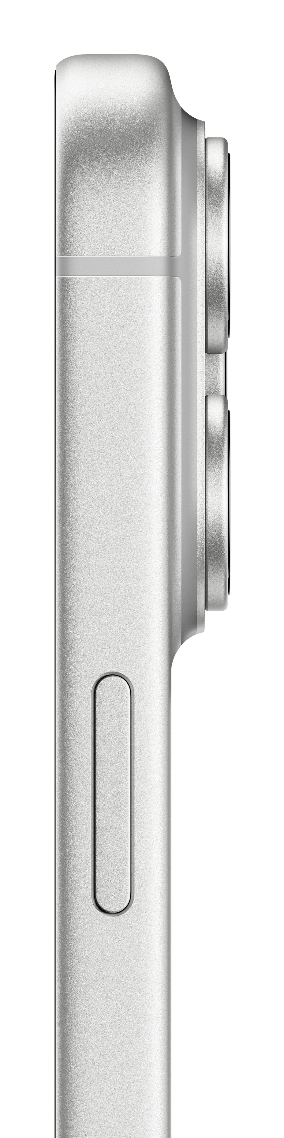 Vista laterale di uno smartphone argento che mostra il modulo fotocamera e il tasto laterale su sfondo bianco.
