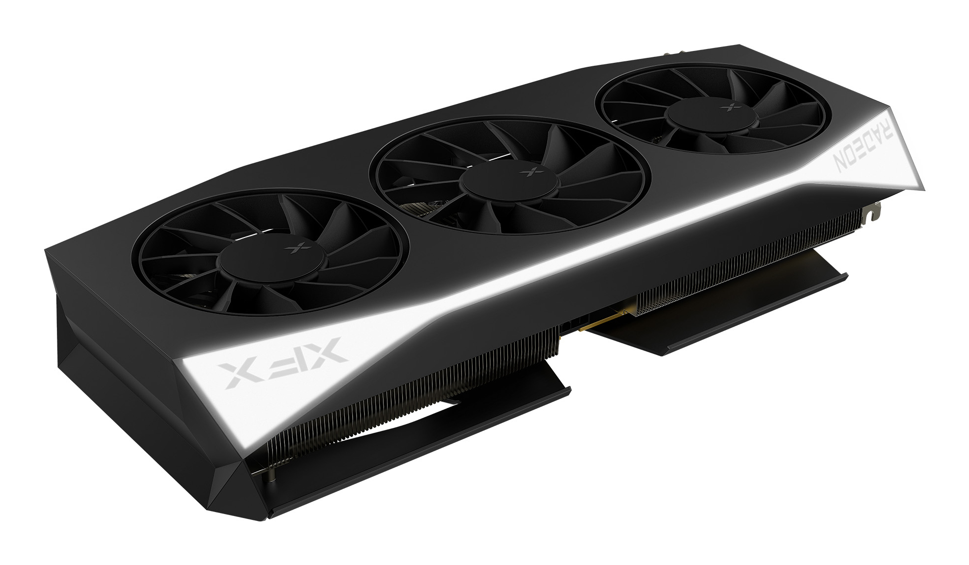 Scheda grafica nera XFX Radeon con tre ventole e illuminazione bianca.