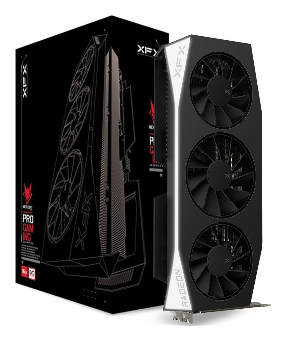 Scheda grafica nera XFX Radeon con tre ventole davanti alla sua scatola.