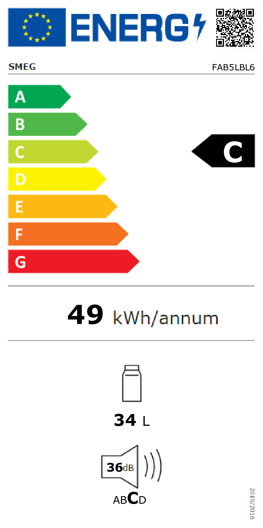 Etiqueta energética UE para Smeg FAB5LBL6, clase C, 49 kWh/año, 34 L, 36 dB.