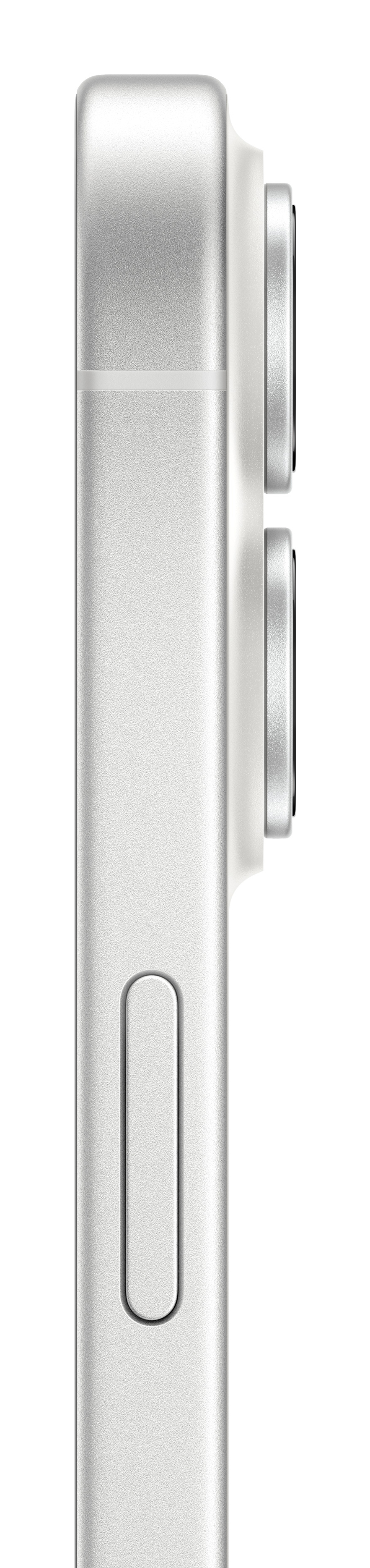 Seitenansicht eines silbernen Smartphones mit Kamera und Seitentaste.