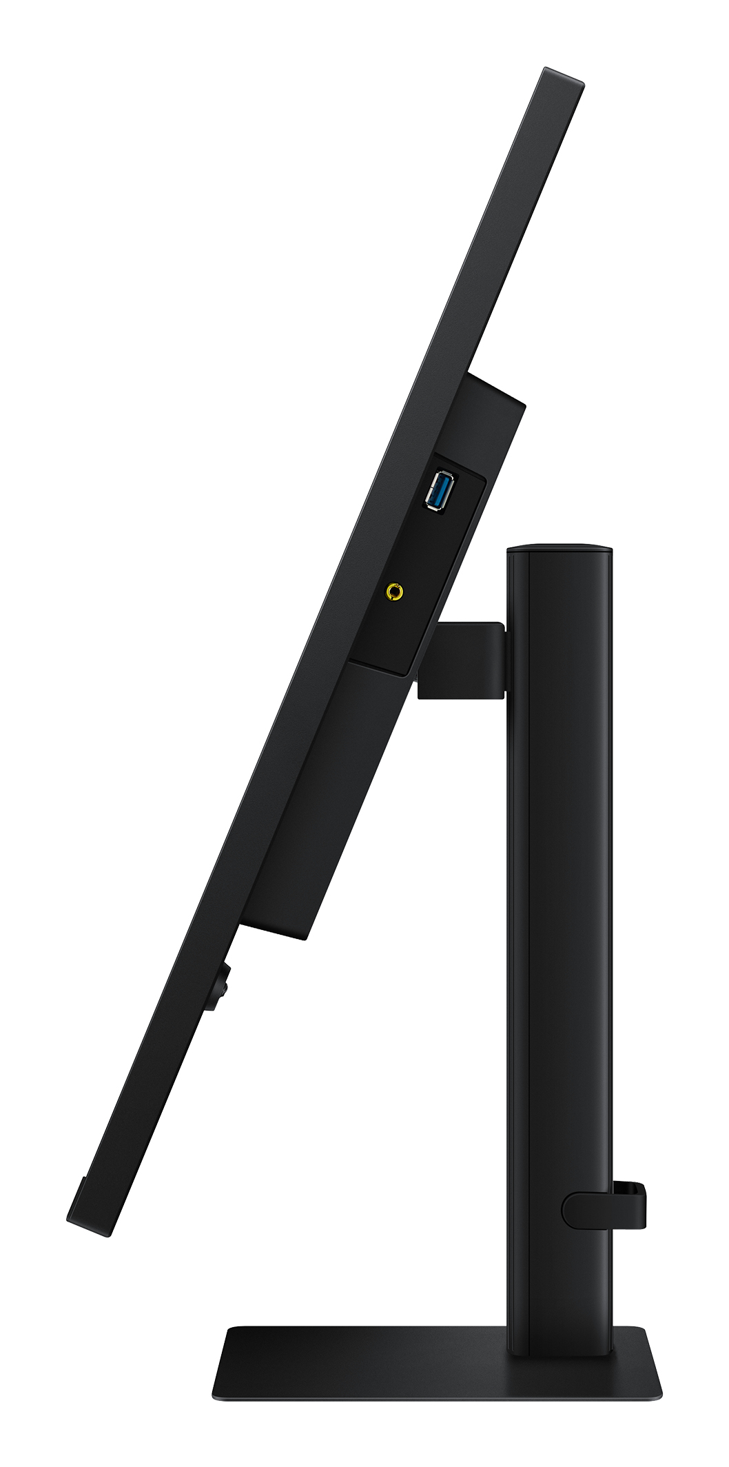 Vista laterale di un monitor per computer nero su supporto, con porte USB e audio.