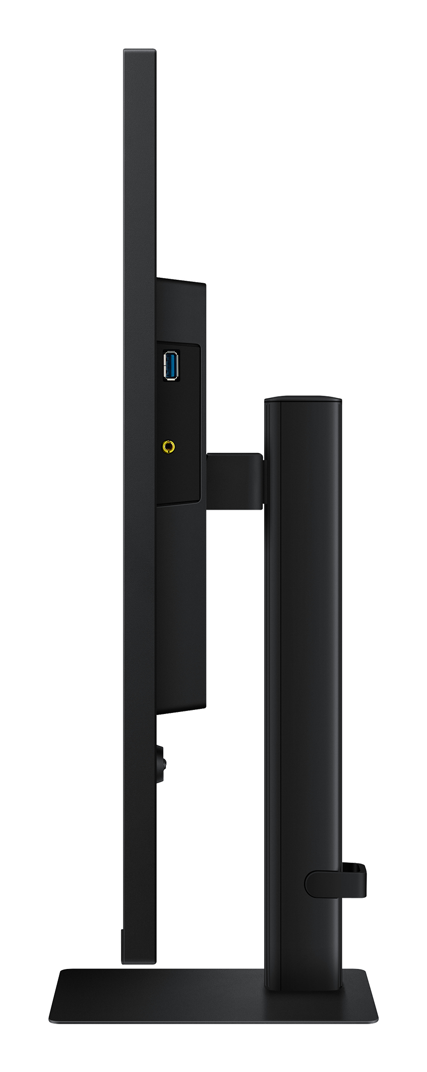 Vista laterale di un monitor per computer nero con supporto e porte visibili.