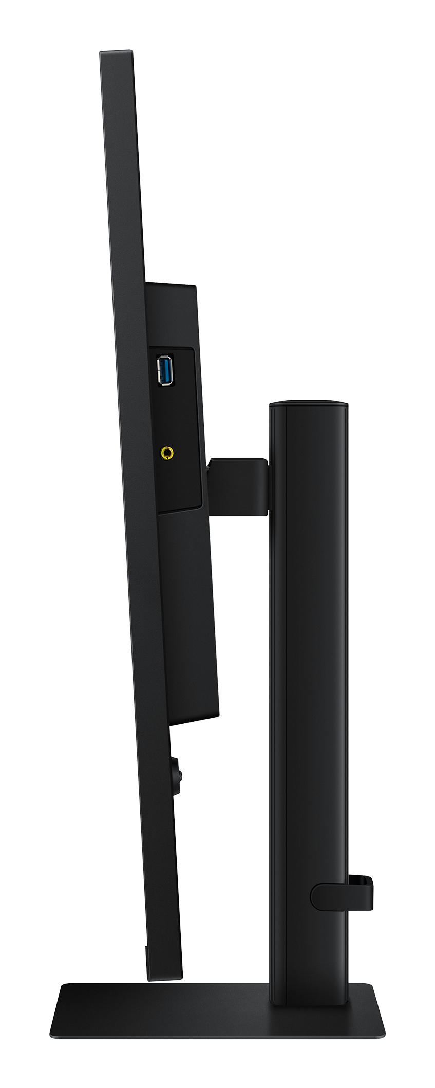 Vista laterale di un monitor per computer nero con supporto, porta USB e jack audio.