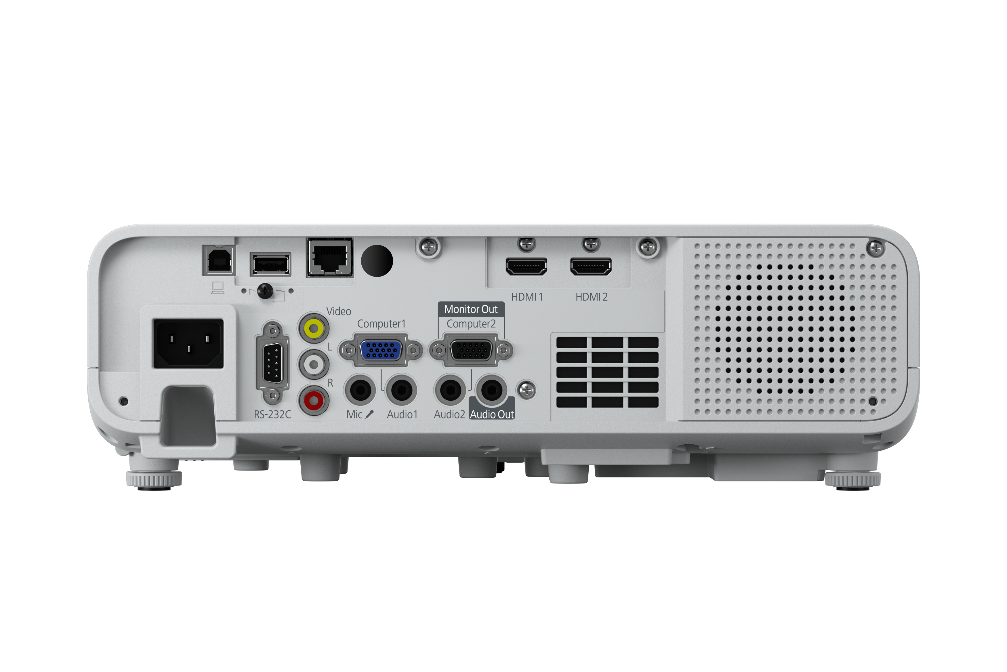 Rückseite eines weißen Projektors mit HDMI-, Audio-, Video- und Netzwerkanschlüssen sowie einem eingebauten Lautsprecher.