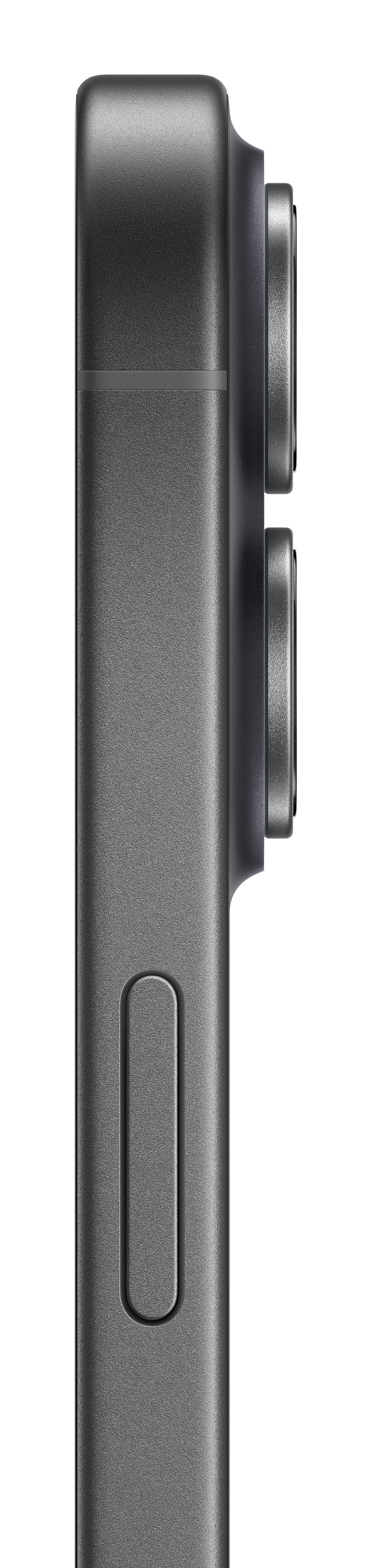Zijaanzicht van een donkergrijze smartphone met twee cameralenzen en een langwerpige knop.