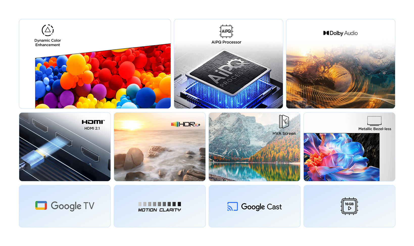 Un collage de iconos y gráficos que muestran especificaciones y calidad de pantalla de TV.