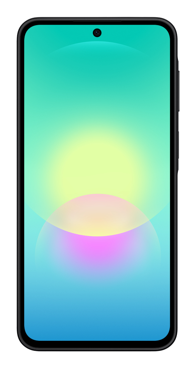 Uno smartphone con cornice nera mostra uno sfondo sfumato astratto nei toni del blu, giallo e rosa.