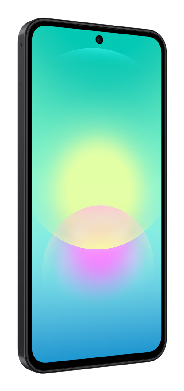 Uno smartphone nero con angoli arrotondati e uno sfondo luminoso e colorato sullo schermo.