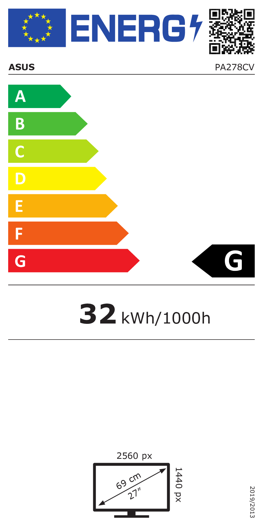 Etiqueta de eficiencia energética para monitor ASUS PA278CV clase G y 32 kWh.